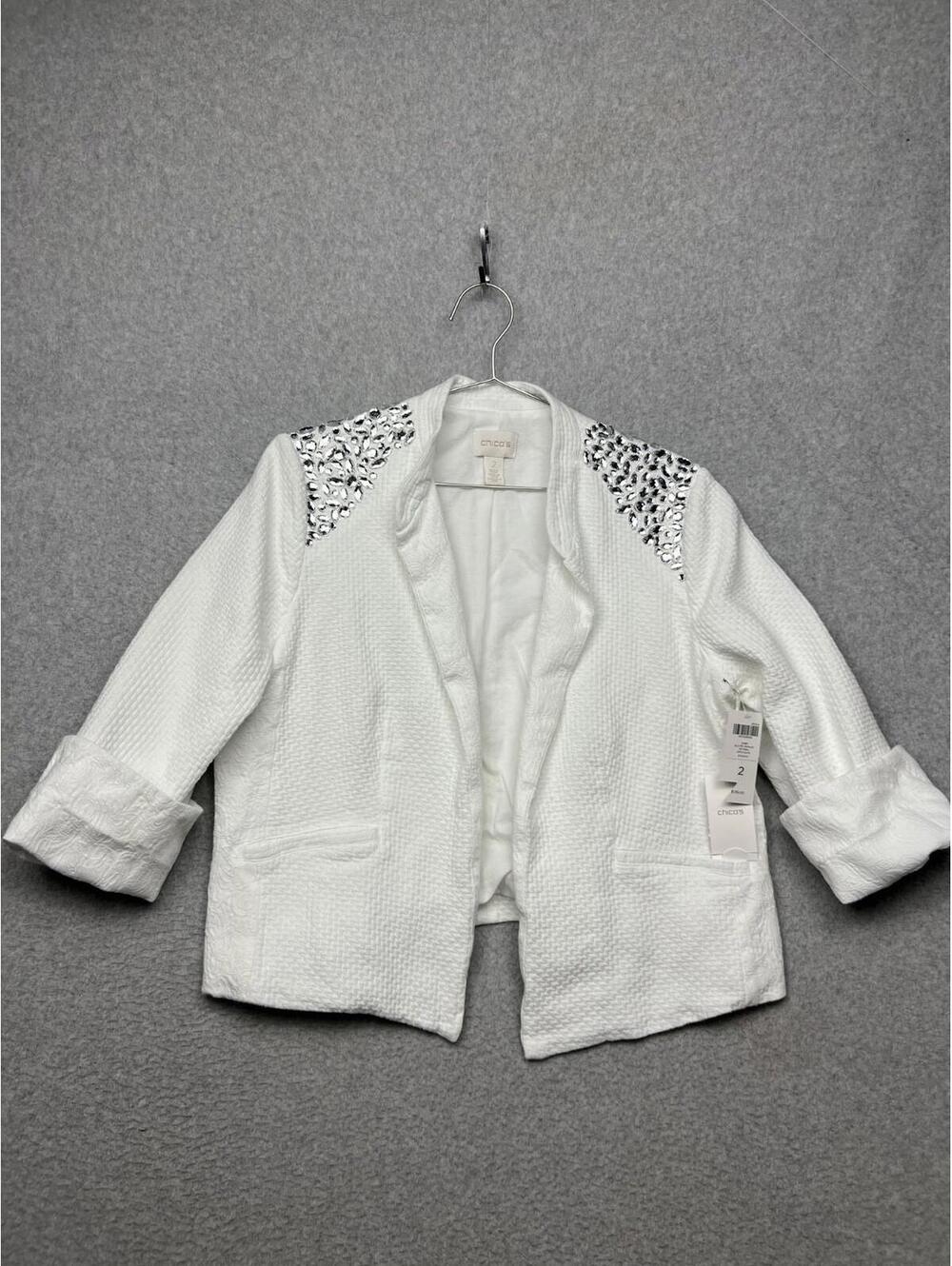 Chico's Rhinestone Crop Blazer Jacket Womens Cotton Size 2 / L  White Glam